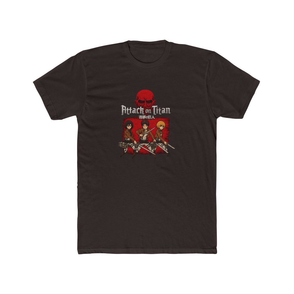 Attack on Titan Eren Mikasa Armin Red Background T-Shirt - alternate angle 2, merchandise