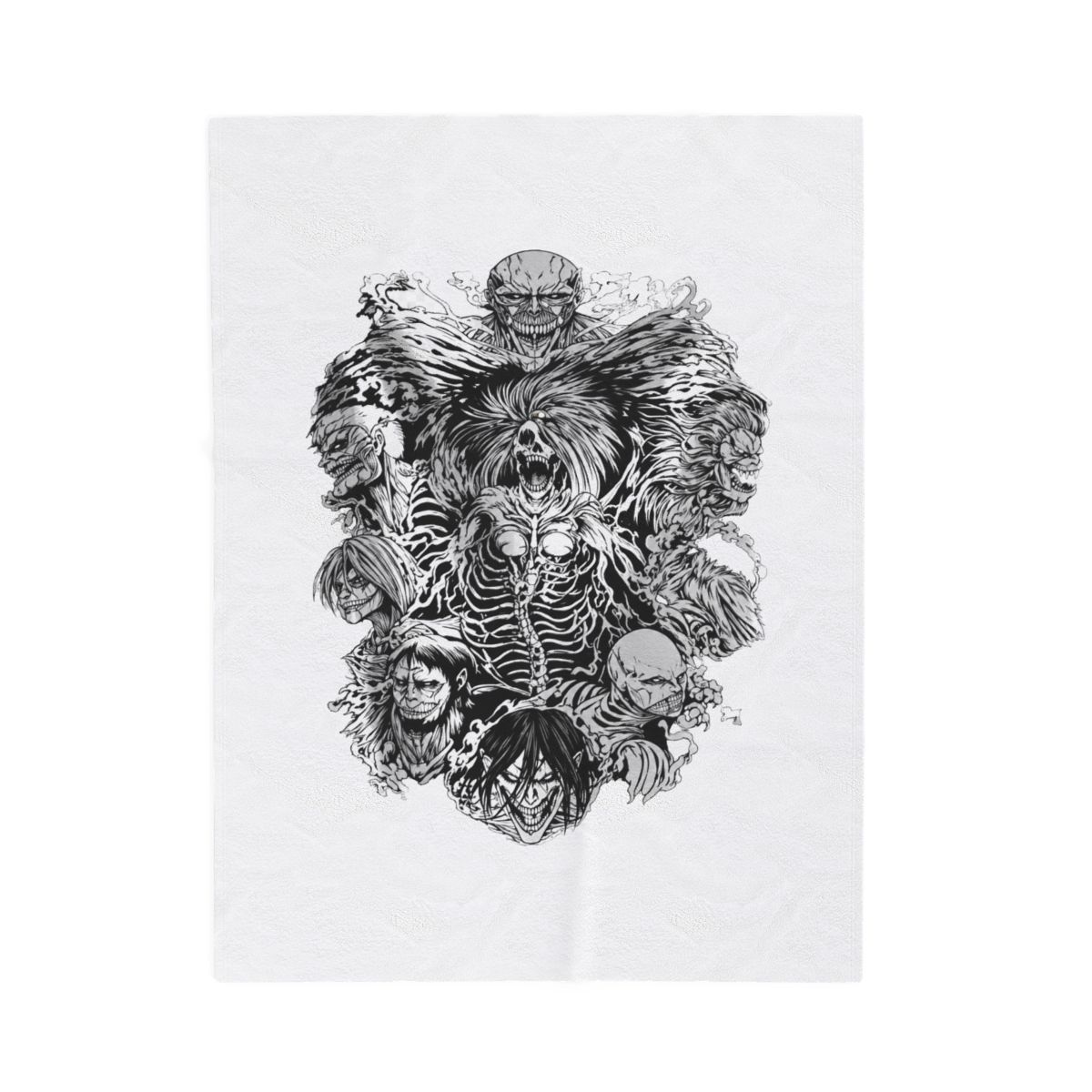 Black woven throw blanket featuring a white graphic print of the nine Titans from the anime Attack on Titan. The Titans are depicted in a menacing pose with their skeletal structures visible