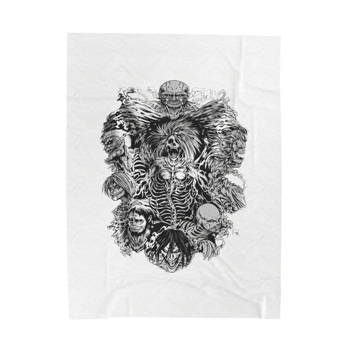 Black woven throw blanket featuring a white graphic print of the nine Titans from the anime Attack on Titan. The Titans are depicted in a menacing pose with their skeletal structures visible - alternate angle 3, merchandise