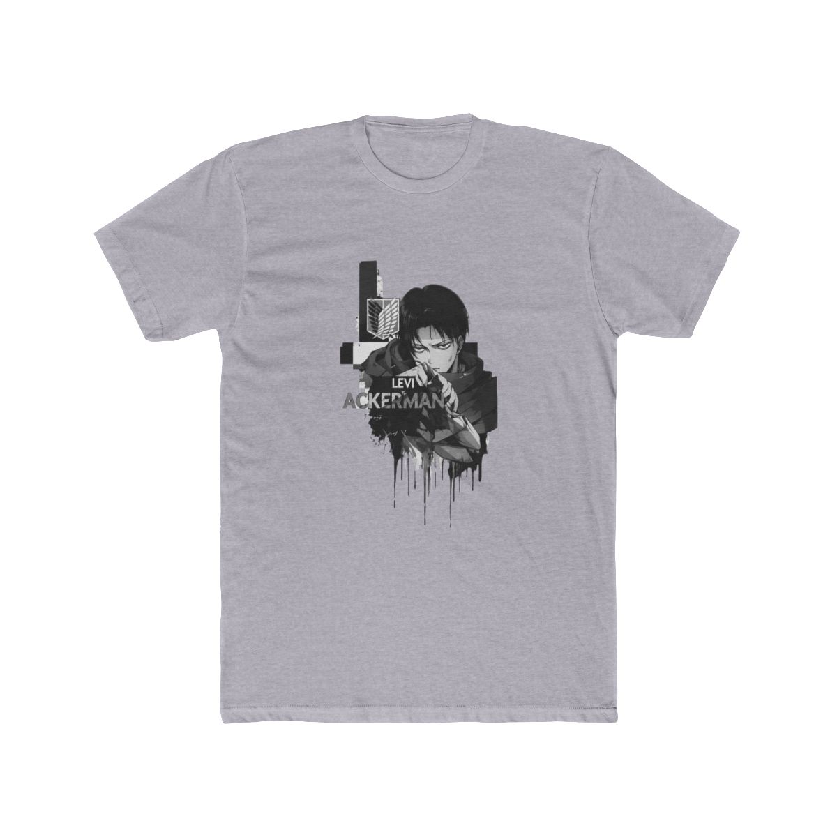 Black T Shirt with a white graphic of a character and the text "LEVI ACKERMAN" on the back. The front has a small white emblem. The shirt has a vintage, washed appearance