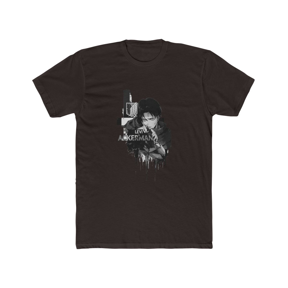 Black T Shirt with a white graphic of a character and the text "LEVI ACKERMAN" on the back. The front has a small white emblem. The shirt has a vintage, washed appearance - alternate angle 5, merchandise