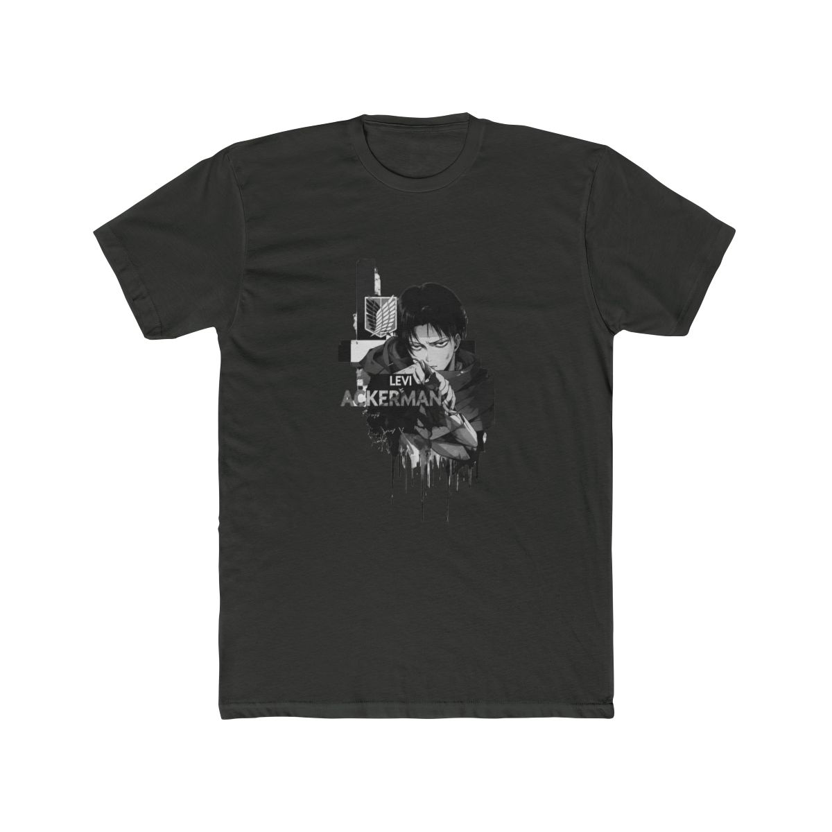 Black T Shirt with a white graphic of a character and the text "LEVI ACKERMAN" on the back. The front has a small white emblem. The shirt has a vintage, washed appearance - alternate angle 3, merchandise