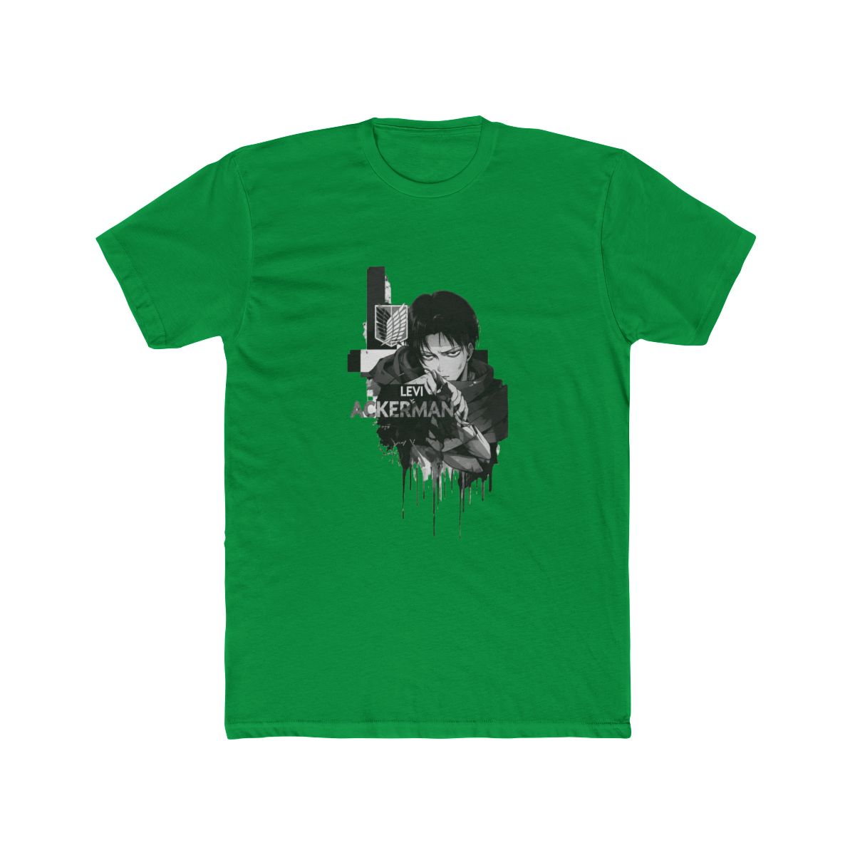 Black T Shirt with a white graphic of a character and the text "LEVI ACKERMAN" on the back. The front has a small white emblem. The shirt has a vintage, washed appearance - Official t-shirts merchandise