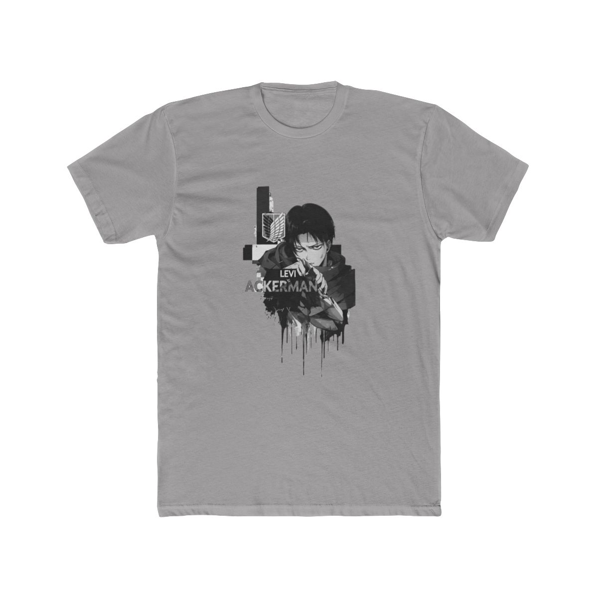 Black T Shirt with a white graphic of a character and the text "LEVI ACKERMAN" on the back. The front has a small white emblem. The shirt has a vintage, washed appearance - alternate angle 4, merchandise