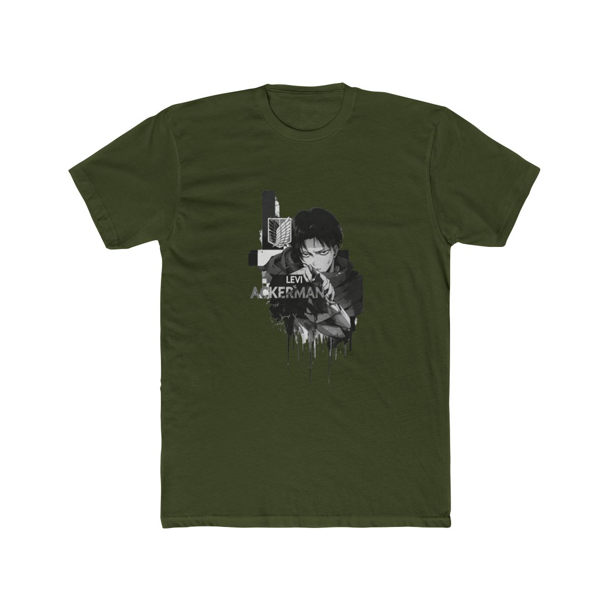 Black T Shirt with a white graphic of a character and the text "LEVI ACKERMAN" on the back. The front has a small white emblem. The shirt has a vintage, washed appearance - alternate angle 4, merchandise