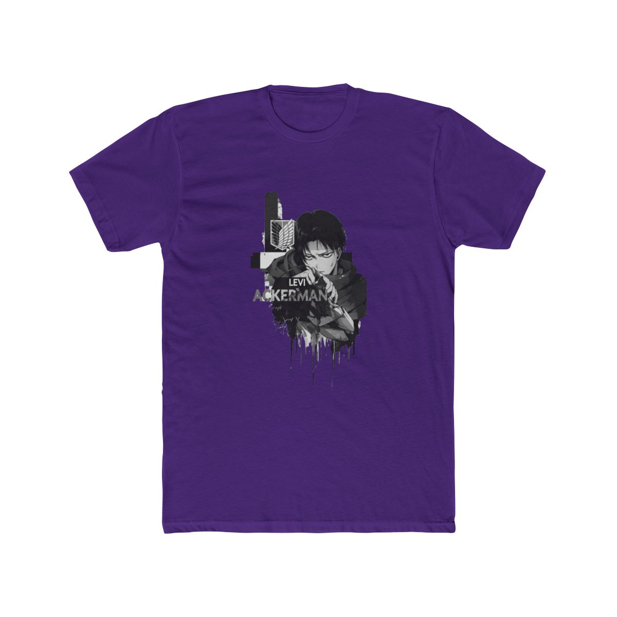 Black T Shirt with a white graphic of a character and the text "LEVI ACKERMAN" on the back. The front has a small white emblem. The shirt has a vintage, washed appearance - alternate angle 2, merchandise