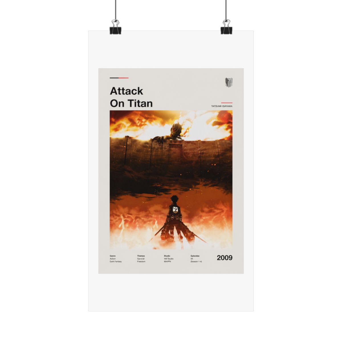Framed poster with the title "Attack On Titan" in black. The artwork shows a silhouetted figure against a fiery orange and brown backdrop. The year "2009" is displayed in the bottom right corner of... - alternate angle 5, merchandise