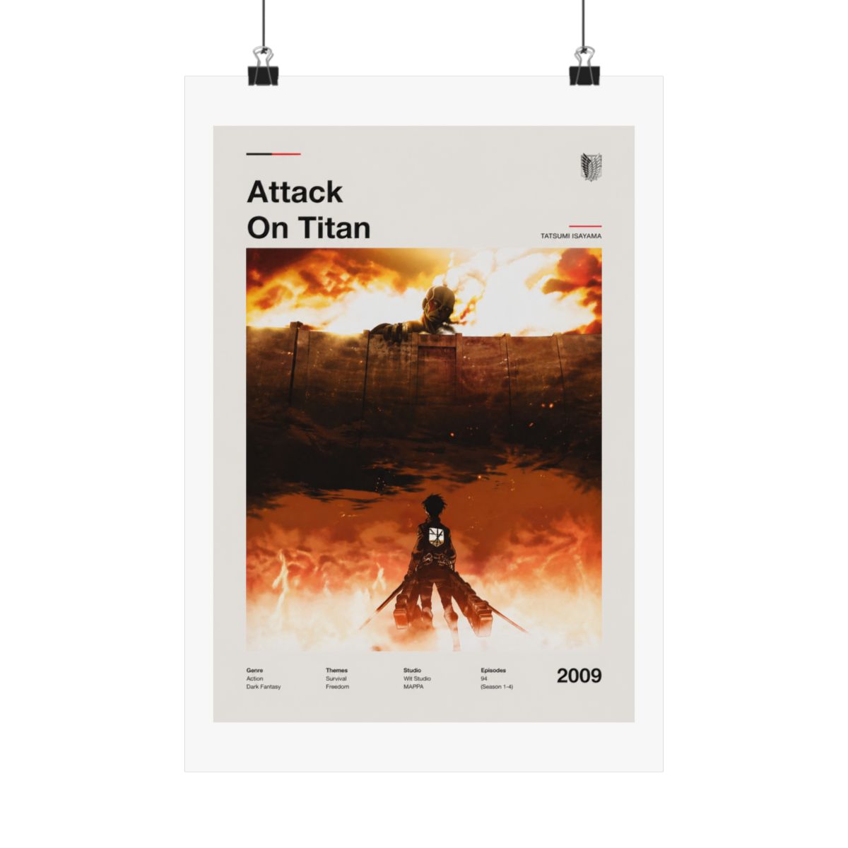 Framed poster with the title "Attack On Titan" in black. The artwork shows a silhouetted figure against a fiery orange and brown backdrop. The year "2009" is displayed in the bottom right corner of... - alternate angle 4, merchandise