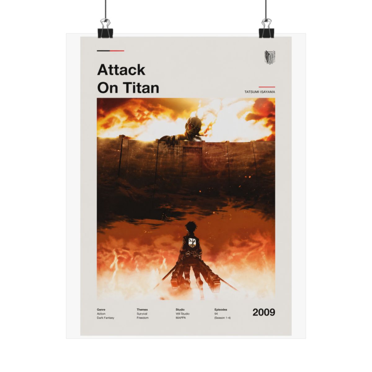Framed poster with the title "Attack On Titan" in black. The artwork shows a silhouetted figure against a fiery orange and brown backdrop. The year "2009" is displayed in the bottom right corner of... - alternate angle 1, merchandise